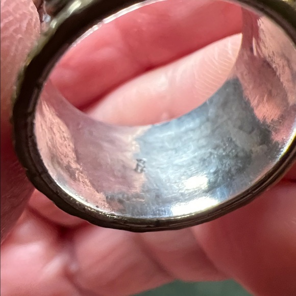 Vintage Boho Larimar Mixed Metal Brass Sterling Silver Wide Cigar Band Ring - Picture 5 of 6